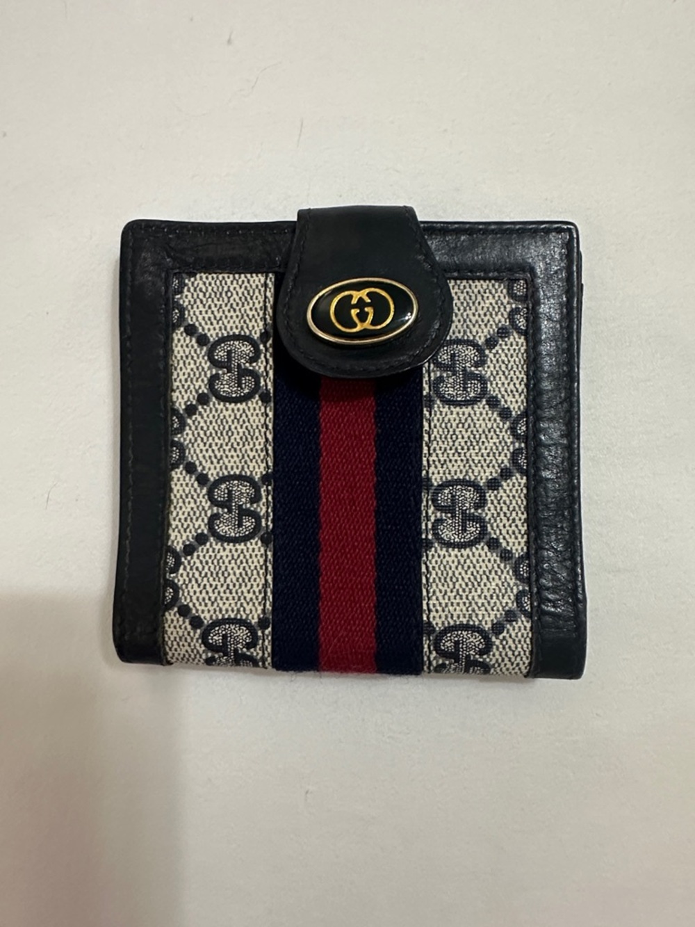 VINTAGE GUCCI GG SUPREME RACING STRIPE WEB WALLET BIFOLD CANVAS LEATHER SHERRY - Picture 2 of 14